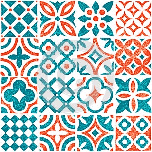 Tile seamless pattern. White, orange and blue colors. Hand-drawn ornament in patchwork style. Grunge texture. Print for textile,