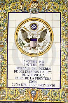 Tile sign along the Avenida de America reads, Homage of the people of the United States of America to Palos de la Frontera, cradle photo