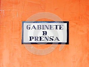 Press office (Gabinete de prensa). Tile in Spanish language sign photo