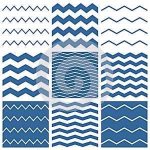 Tile vector chevron pattern set with sailor blue and white zig zag background