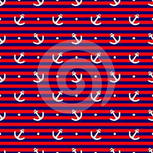 Tile vector pattern with anchor and polka dots on stripes background