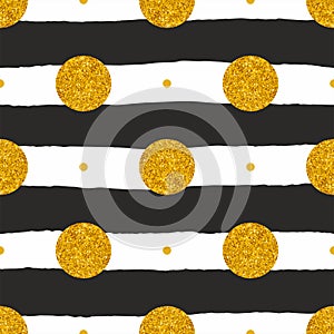 Tile vector pattern with black and white stripes and golden polka dots background