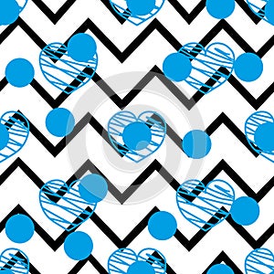Tile vector pattern with blue hearts on zig zag chevron background