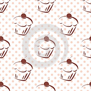 Tile vector pattern with cherry cupcakes and pink polka dots on white background