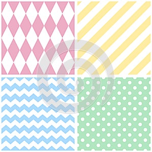 Tile vector pattern with chevron zig zag, polka dots and stripe background