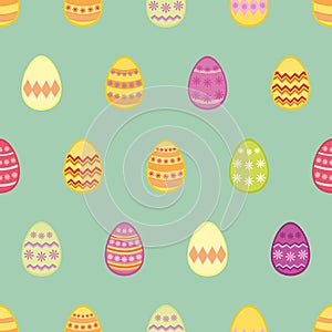 Tile vector pattern with colorful easter eggs on mint blue background