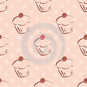 Tile vector pattern with cupcakes and polka dots on pink background