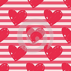 Tile vector pattern with pink stripes and red hearts background