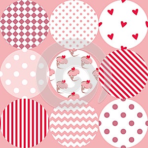 Tile vector pattern with polka dots, cupcakes and zig zag stripes on pink background