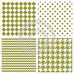 Tile vector pattern set with green polka dots, hounds tooth, hearts and stripes on white background