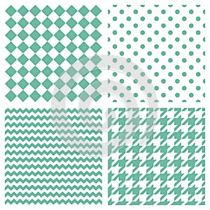 Tile vector pattern set with mint green polka dots, hounds tooth, hearts and stripes on white background