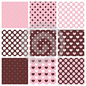 Tile vector pattern set with polka dots and hearts on pastel background.