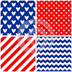 Tile vector pattern set with white polka dots and strips on red and blue background