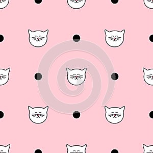 Tile vector pattern with white cats and black polka dots on pink background