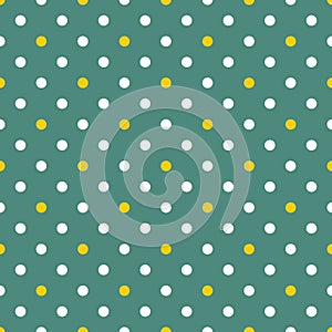 Tile vector pattern with white and yellow polka dots on green background