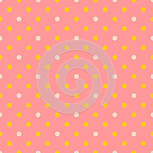 Tile vector pattern with white and yellow polka dots on pastel coral orange background