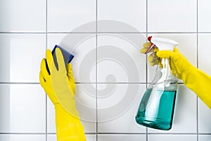 Tile Wall Grout Cleaning With Sponge photo