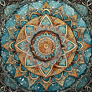 Tileable gothic mandala in teal and orange tones photo