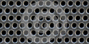 Tileable rough grungy silver grey industrial steel circular floor grate, grille or mesh