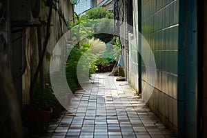 tiled alleyway leading to a distant hazy herb garden