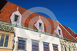 Tiled Roof with Colourful Checkered Dormers of Old Town Hall in Bratislava, Slovakia