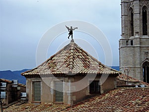 Tiled roofs and weathervane, Girona, Spain