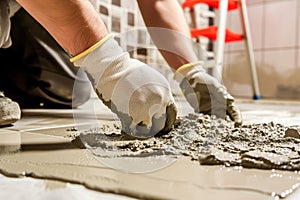 tiler in gloves spreading thinset mortar on a bathroom floor