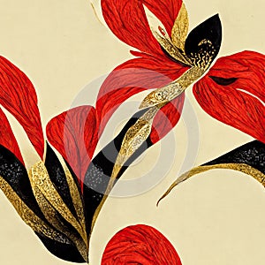 Tiles flat floral design, gold, black, red, twisted