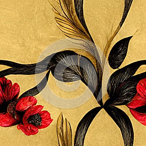 Tiles flat floral design, gold, black, red, twisted