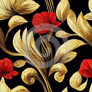 Tiles flat floral design, gold, black, red, twisted