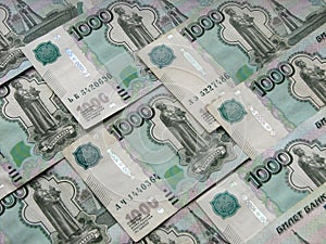 Tiles made of thousand-ruble bills, Russian money, macro mode