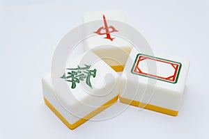 Tiles for mahjong. red, white, green.