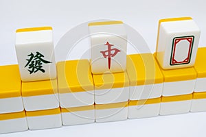 Tiles for mahjong. red, white, green.