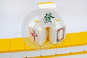 Tiles for mahjong. red, white, green.