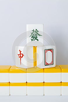 Tiles for mahjong. red, white, green.