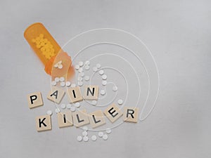 Tiles Spelling Pain Killer and Pills on Stainless Steel