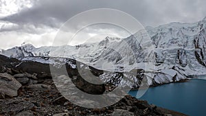 Tilicho Lake - A panoramic view on turquoise colored lake in Himalayas