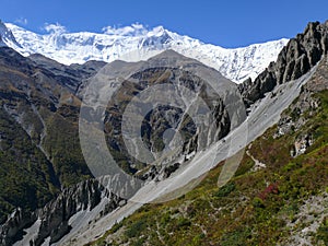 Tilicho peak, Landslide area, eroded rocks - way to Tilicho base camp, Nepal