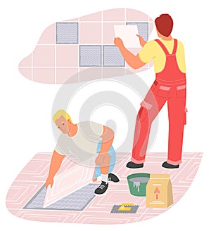 Tiling master team putting floor and wall ceramic tile vector