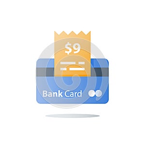 Till slip and credit card payment, shopping purchase, vector icon