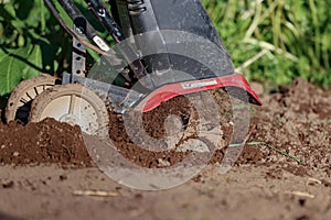 Tiller in action digging and spewing dirt