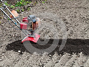 Tiller in loosened bed in field