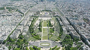 Tilt-down aerial view over Champ de Mars in Paris, France