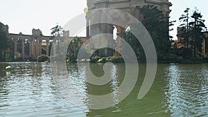 tilt footage of a beautiful spring landscape at Palace of Fine Arts with a lake, lush green trees and plants