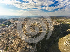 Tilt shift aerial bird eye view of matera