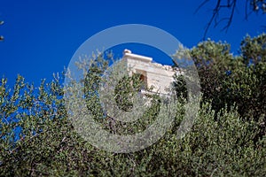 Tilt shift effect of trees surrounding Acropolis with Temple of Athena Nike
