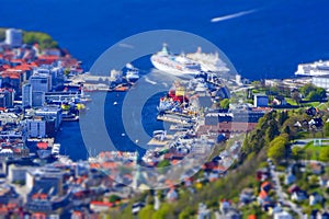 Tilt-shift high angle shot of Bryggen and harbor area in Bergen, Norway