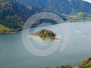 Tilt shift image of the island in lake