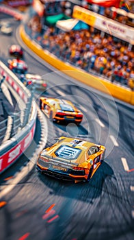 A tilt-shift lens captures the spectacle of a speedway race, making the racing cars look like miniatures in full action.