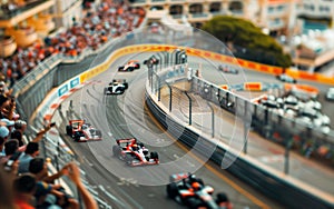 A tilt-shift lens effect gives a miniature look to racing cars speeding around a curvy circuit track.